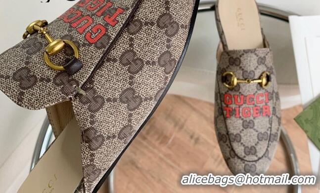 Top Quality Gucci Tiger Print GG Canvas Mules Beige/Red 2081044