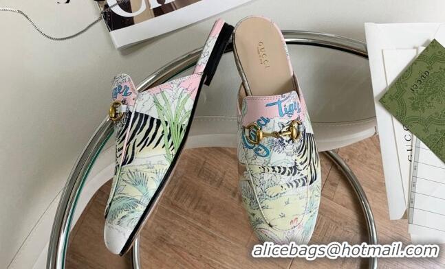 New Style Gucci Tiger Print Flat Mules Pink/Blue 2081045