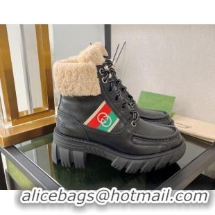 Best Product Gucci Leather Wool Lace-up Ankle Boots with Interlocking G Black 0812108