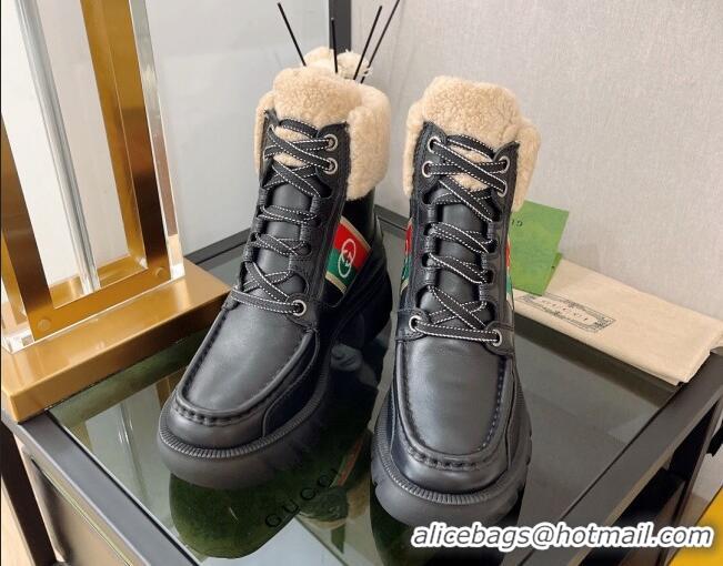 Best Product Gucci Leather Wool Lace-up Ankle Boots with Interlocking G Black 0812108