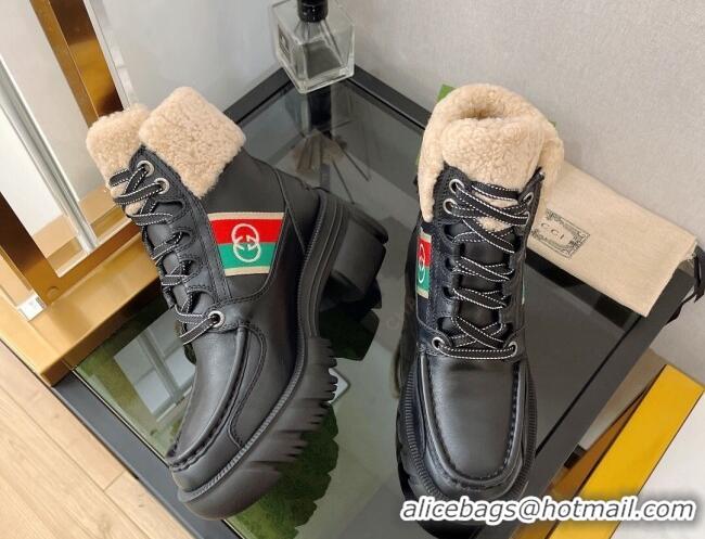 Best Product Gucci Leather Wool Lace-up Ankle Boots with Interlocking G Black 0812108