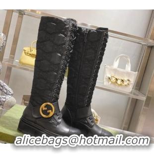 Purchase Gucci GG Embroidered Fabric High Boots with Interlocking G Black 081302