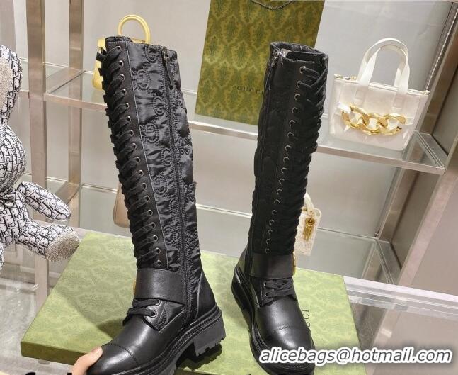 Purchase Gucci GG Embroidered Fabric High Boots with Interlocking G Black 081302