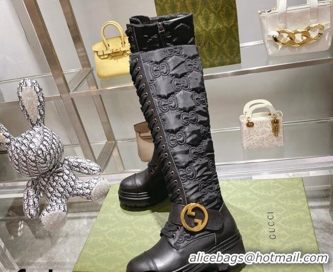 Purchase Gucci GG Embroidered Fabric High Boots with Interlocking G Black 081302