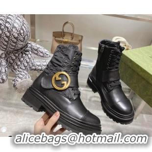 Pretty Style Gucci GG Embroidered Fabric Ankle Boots with Interlocking G Black 081305