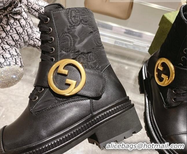 Pretty Style Gucci GG Embroidered Fabric Ankle Boots with Interlocking G Black 081305