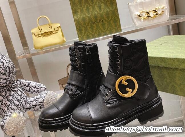 Pretty Style Gucci GG Embroidered Fabric Ankle Boots with Interlocking G Black 081305