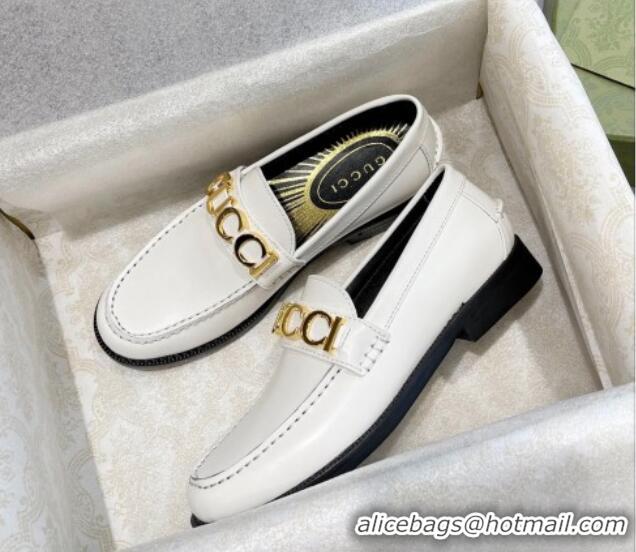 Stylish Gucci 'Gucci' Shiny Leather Loafers White 081320