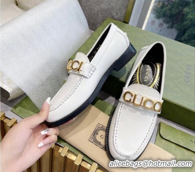 Stylish Gucci 'Gucci' Shiny Leather Loafers White 081320