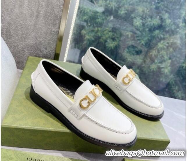 Stylish Gucci 'Gucci' Shiny Leather Loafers White 081320