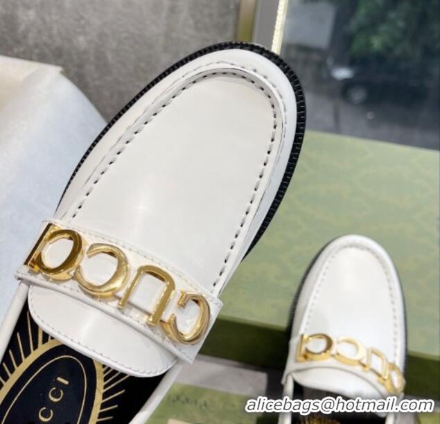 Stylish Gucci 'Gucci' Shiny Leather Loafers White 081320