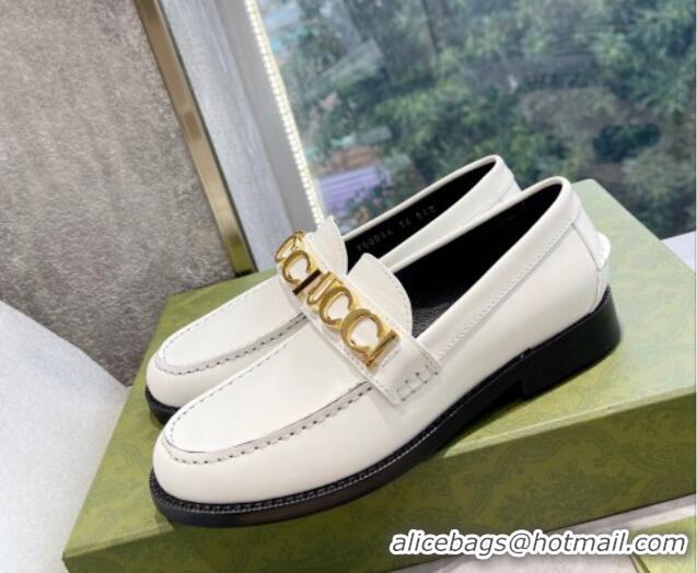 Stylish Gucci 'Gucci' Shiny Leather Loafers White 081320