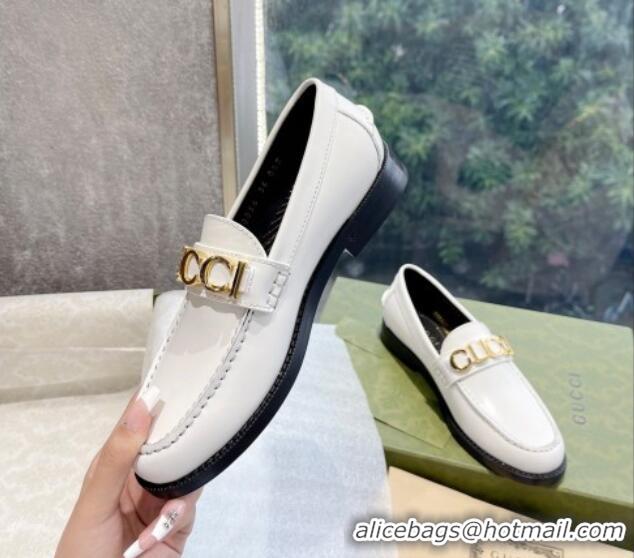 Stylish Gucci 'Gucci' Shiny Leather Loafers White 081320