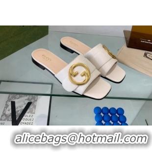 Unique Discount Gucci Blondie Leather Flat Slide Sandals White 082589