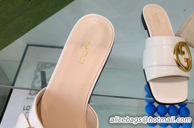 Unique Discount Gucci Blondie Leather Flat Slide Sandals White 082589