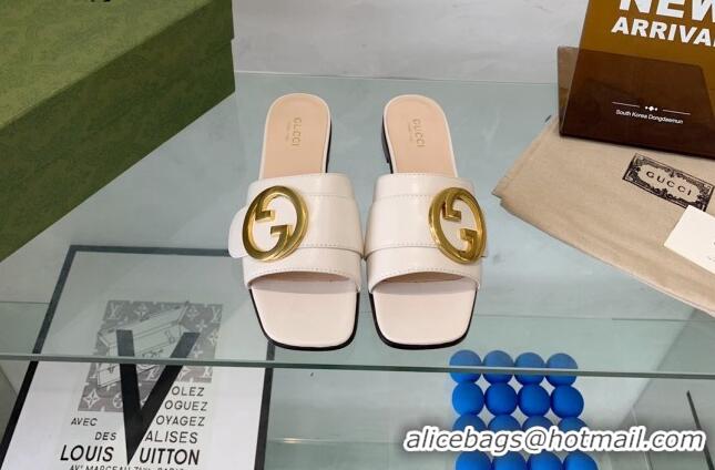 Unique Discount Gucci Blondie Leather Flat Slide Sandals White 082589