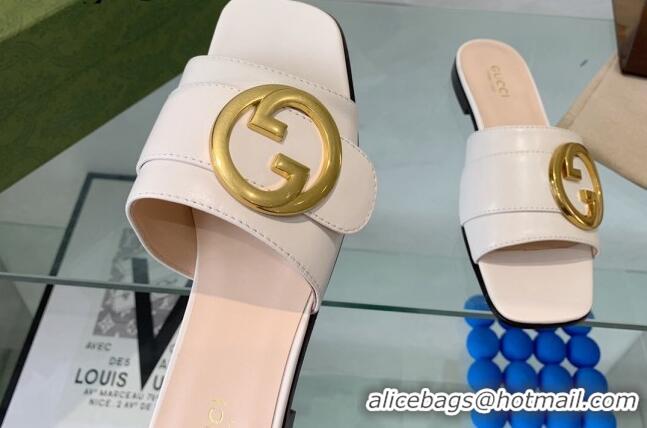 Unique Discount Gucci Blondie Leather Flat Slide Sandals White 082589