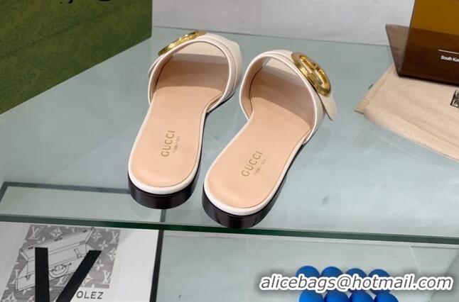 Unique Discount Gucci Blondie Leather Flat Slide Sandals White 082589