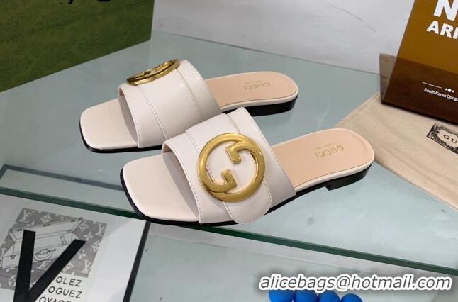 Unique Discount Gucci Blondie Leather Flat Slide Sandals White 082589