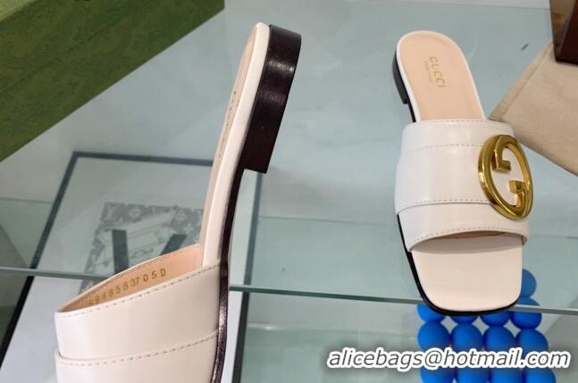 Unique Discount Gucci Blondie Leather Flat Slide Sandals White 082589