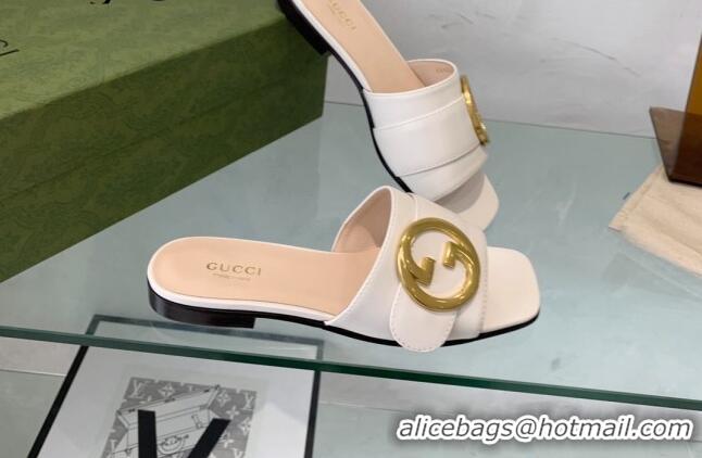 Unique Discount Gucci Blondie Leather Flat Slide Sandals White 082589