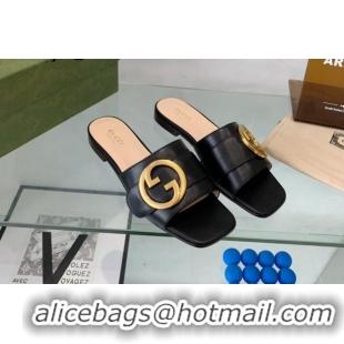 Top Grade Gucci Blondie Leather Flat Slide Sandals Black 082590