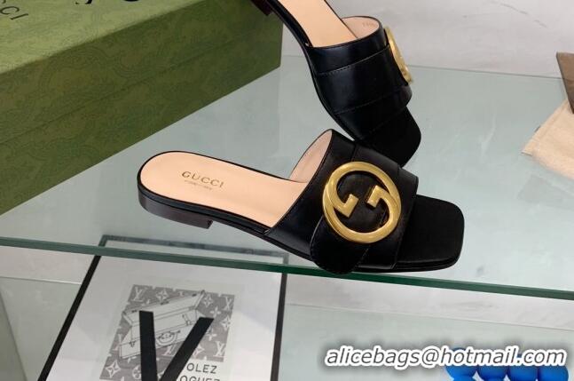 Top Grade Gucci Blondie Leather Flat Slide Sandals Black 082590