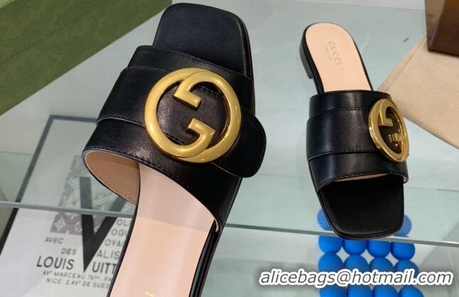 Top Grade Gucci Blondie Leather Flat Slide Sandals Black 082590