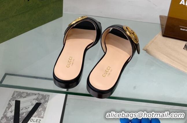 Top Grade Gucci Blondie Leather Flat Slide Sandals Black 082590