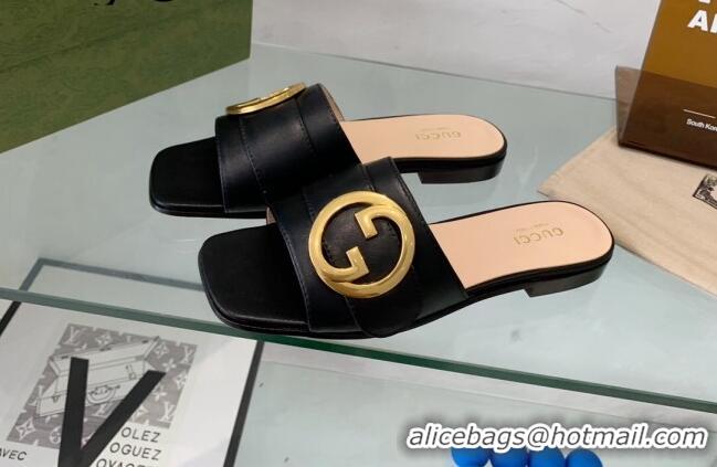 Top Grade Gucci Blondie Leather Flat Slide Sandals Black 082590