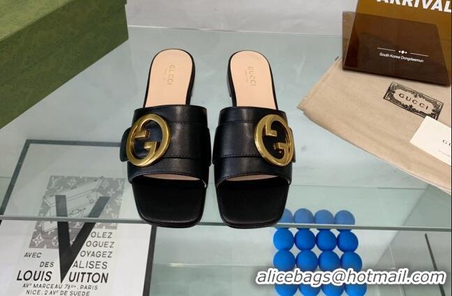 Top Grade Gucci Blondie Leather Flat Slide Sandals Black 082590