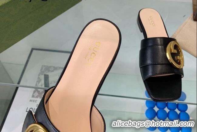 Top Grade Gucci Blondie Leather Flat Slide Sandals Black 082590