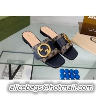 Charming Gucci Blondie GG Canvas Flat Slide Sandals Beige/Blue 082591