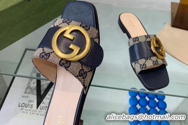 Charming Gucci Blondie GG Canvas Flat Slide Sandals Beige/Blue 082591