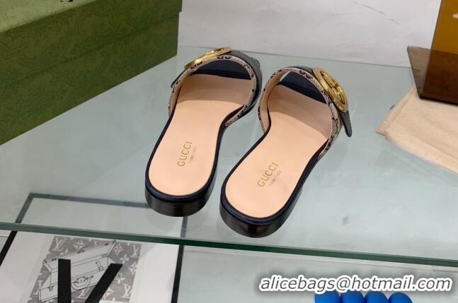 Charming Gucci Blondie GG Canvas Flat Slide Sandals Beige/Blue 082591