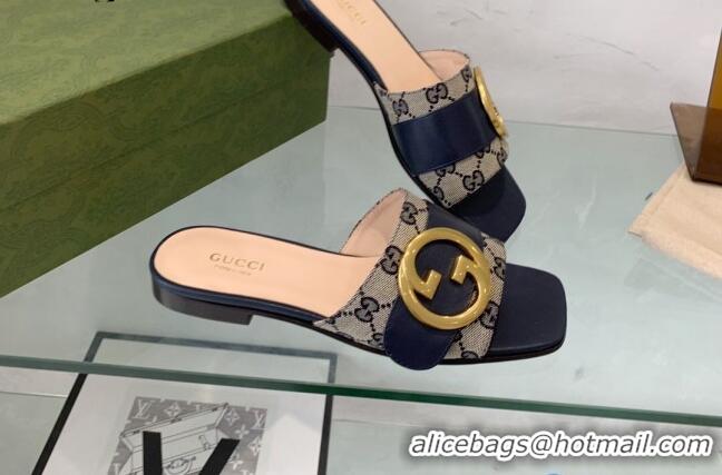 Charming Gucci Blondie GG Canvas Flat Slide Sandals Beige/Blue 082591