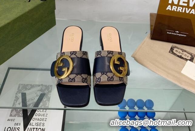 Charming Gucci Blondie GG Canvas Flat Slide Sandals Beige/Blue 082591