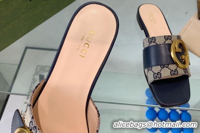 Charming Gucci Blondie GG Canvas Flat Slide Sandals Beige/Blue 082591