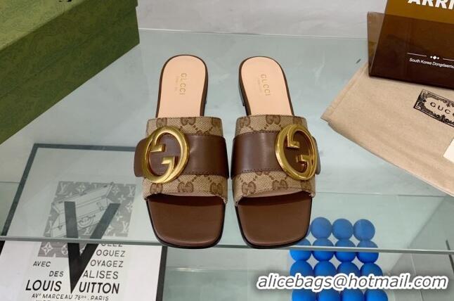 Luxurious Gucci Blondie GG Canvas Flat Slide Sandals Camel/Brown 082593