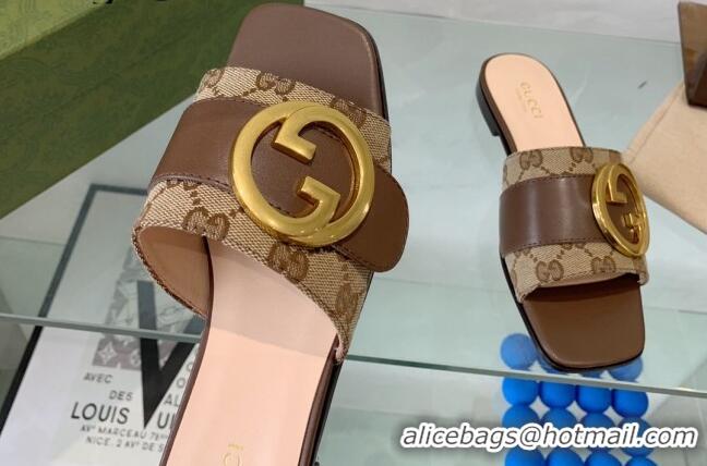 Luxurious Gucci Blondie GG Canvas Flat Slide Sandals Camel/Brown 082593