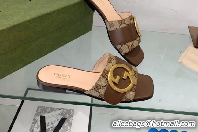 Luxurious Gucci Blondie GG Canvas Flat Slide Sandals Camel/Brown 082593