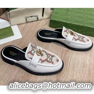 Grade Quality Gucci Leather and Flower Jacquard Flat Mules White 082596