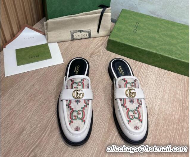 Grade Quality Gucci Leather and Flower Jacquard Flat Mules White 082596