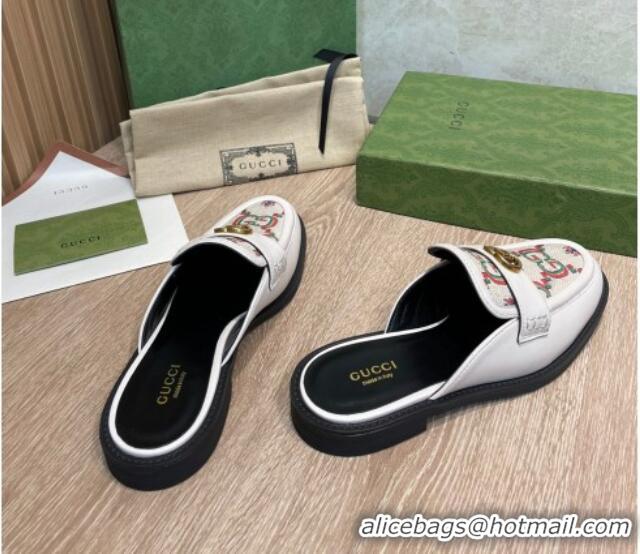 Grade Quality Gucci Leather and Flower Jacquard Flat Mules White 082596