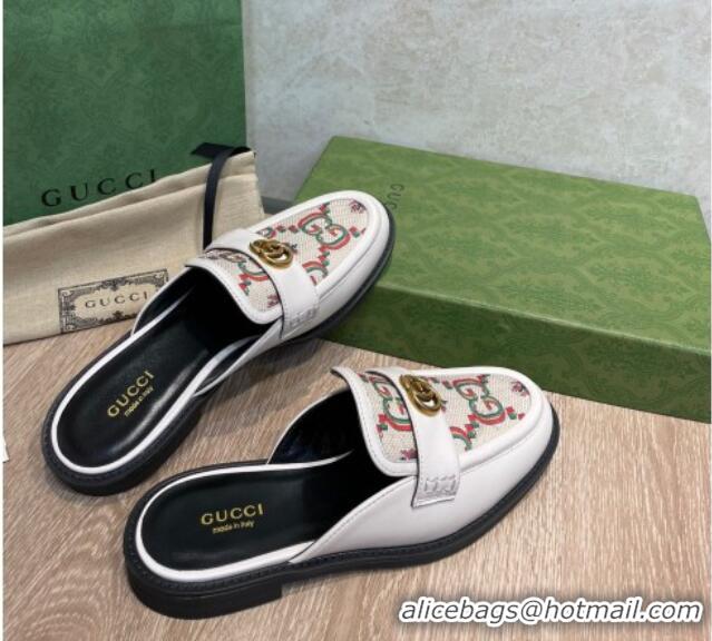 Grade Quality Gucci Leather and Flower Jacquard Flat Mules White 082596