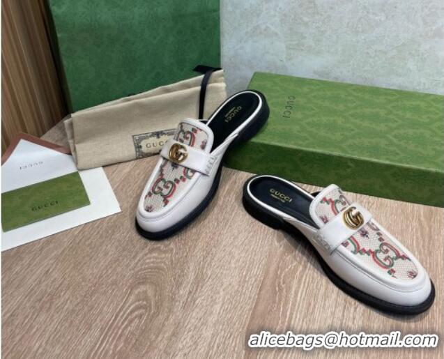 Grade Quality Gucci Leather and Flower Jacquard Flat Mules White 082596