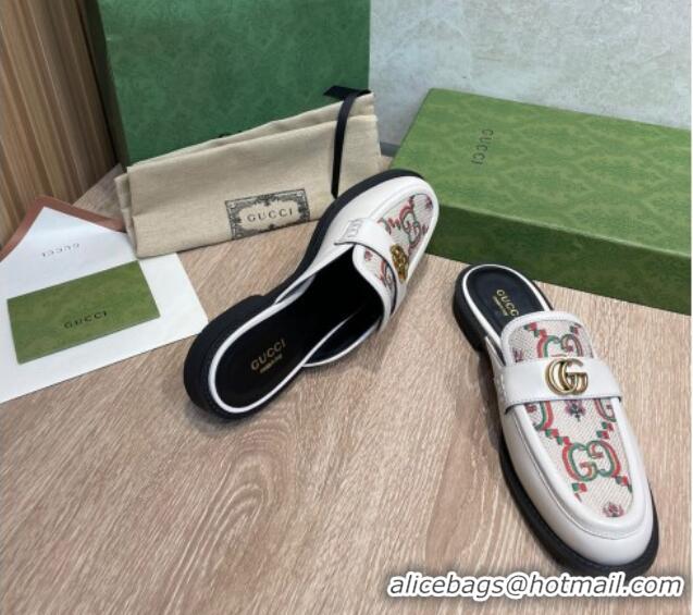 Grade Quality Gucci Leather and Flower Jacquard Flat Mules White 082596