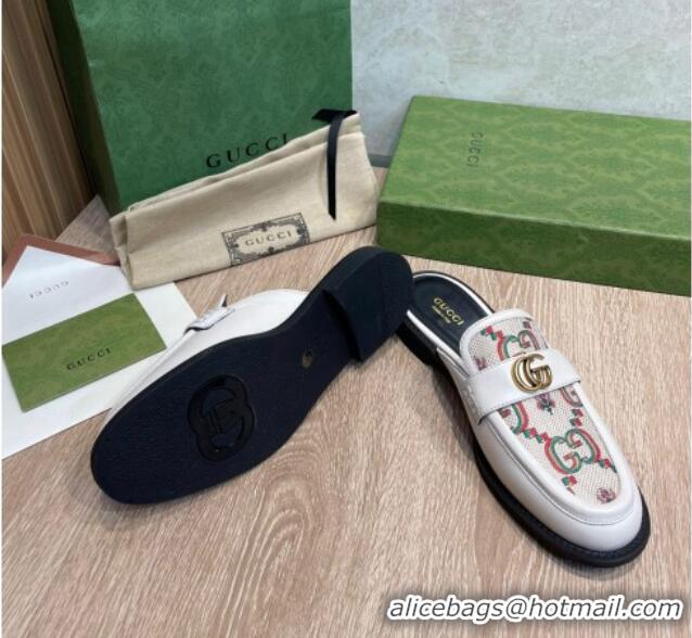 Grade Quality Gucci Leather and Flower Jacquard Flat Mules White 082596