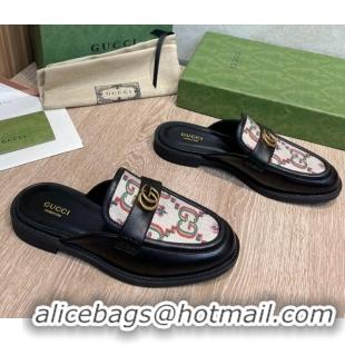 Unique Style Gucci Leather and Flower Jacquard Flat Mules Black 082597