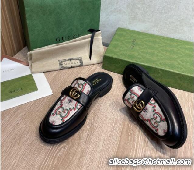 Unique Style Gucci Leather and Flower Jacquard Flat Mules Black 082597